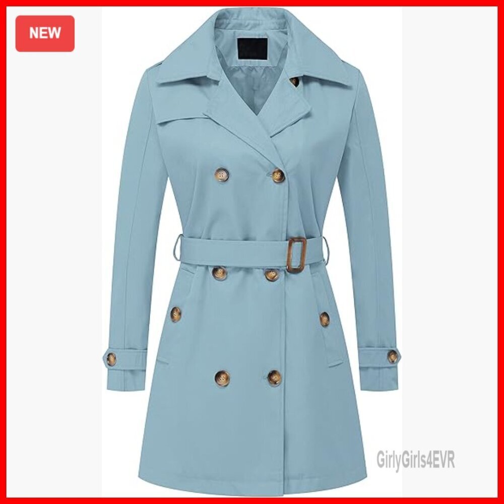 Mid-Length Double Breasted Trench Coat with Detachable Hood, Belted Overcoat